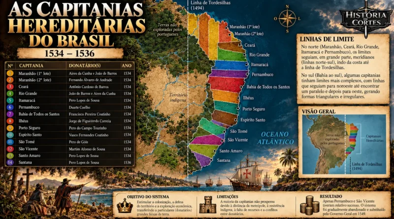 Mapa das capitanias hereditárias do Brasil entre 1534 e 1536, com divisão territorial reconstruída, linha de Tordesilhas, nomes das capitanias e comparação com o mapa clássico.