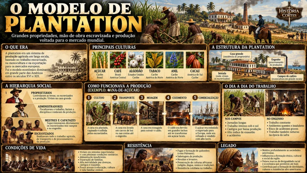 Infográfico sobre o modelo de plantation, mostrando a estrutura das grandes propriedades coloniais, o trabalho escravizado e a produção agrícola.