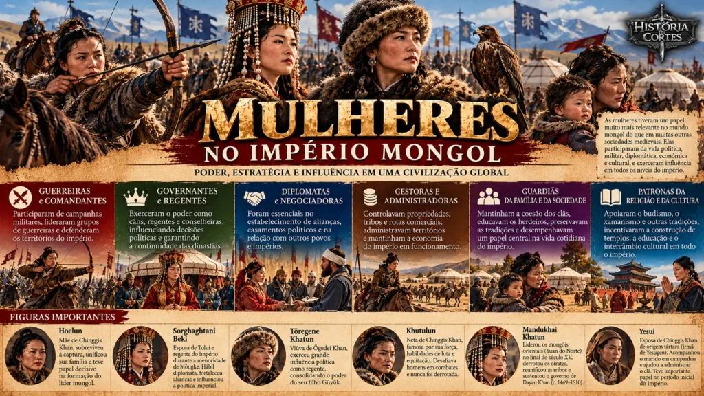 Infográfico sobre as mulheres no Império Mongol, destacando guerreiras, governantes, diplomatas e figuras históricas como Hoelun, Sorghaghtani Beki, Töregene Khatun, Khutulun e Mandukhai Khatun. Copiar