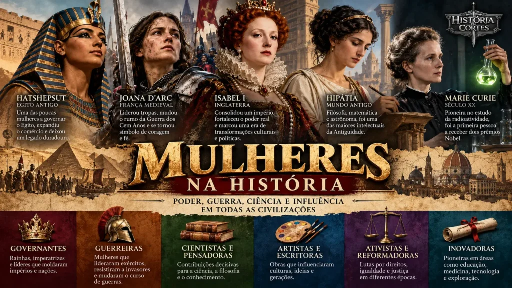 Infográfico sobre mulheres na história, destacando Hatshepsut, Joana d'Arc, Isabel I, Hipátia e Marie Curie e suas contribuições para a política, guerra, filosofia e ciência. Copiar