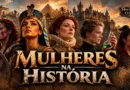 Ilustração histórica de mulheres de diferentes civilizações e épocas, representando rainhas, guerreiras, governantes e cientistas que marcaram a história.