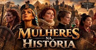 Ilustração histórica de mulheres de diferentes civilizações e épocas, representando rainhas, guerreiras, governantes e cientistas que marcaram a história.