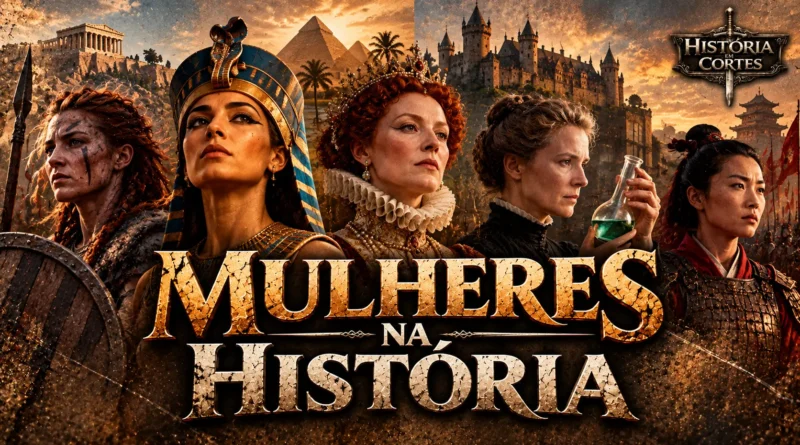 Ilustração histórica de mulheres de diferentes civilizações e épocas, representando rainhas, guerreiras, governantes e cientistas que marcaram a história.