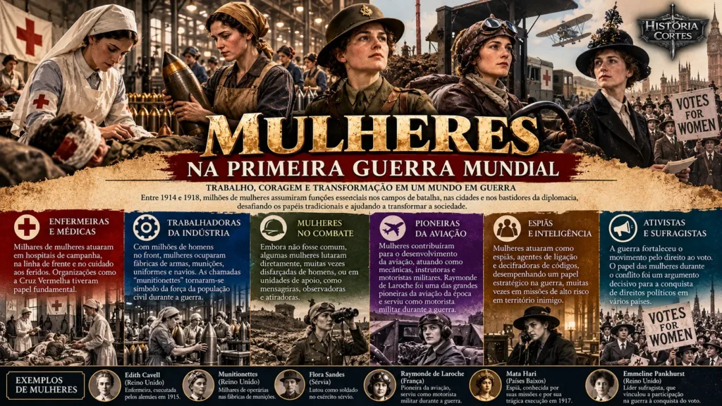 Infográfico sobre o papel das mulheres na Primeira Guerra Mundial (1914–1918), destacando enfermeiras, operárias de munições, combatentes, motoristas, espiãs e sufragistas.
