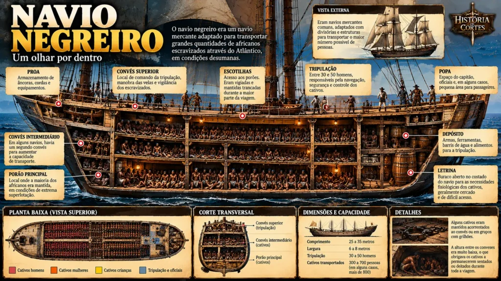 Infográfico em corte transversal e longitudinal de um navio negreiro, mostrando os porões, conveses, áreas da tripulação e espaços de confinamento dos africanos escravizados.