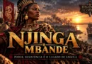 Ilustração histórica de Njinga Mbande, rainha do Ndongo e de Matamba, acompanhada por guerreiros africanos, com embarcações portuguesas ao fundo.