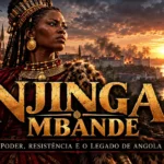 Njinga Mbande: a rainha que enfrentou o Império Português Ilustração histórica de Njinga Mbande, rainha do Ndongo e de Matamba, acompanhada por guerreiros africanos, com embarcações portuguesas ao fundo.