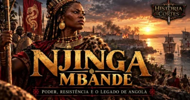 Ilustração histórica de Njinga Mbande, rainha do Ndongo e de Matamba, acompanhada por guerreiros africanos, com embarcações portuguesas ao fundo.