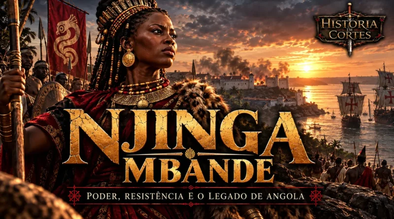 Ilustração histórica de Njinga Mbande, rainha do Ndongo e de Matamba, acompanhada por guerreiros africanos, com embarcações portuguesas ao fundo.