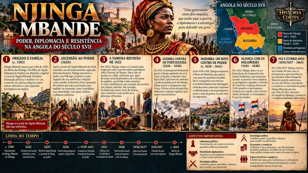 Infográfico sobre Njinga Mbande, rainha de Ndongo e Matamba, destacando sua ascensão ao poder em 1624, resistência aos portugueses, alianças com os holandeses e tratado de paz de 1656.