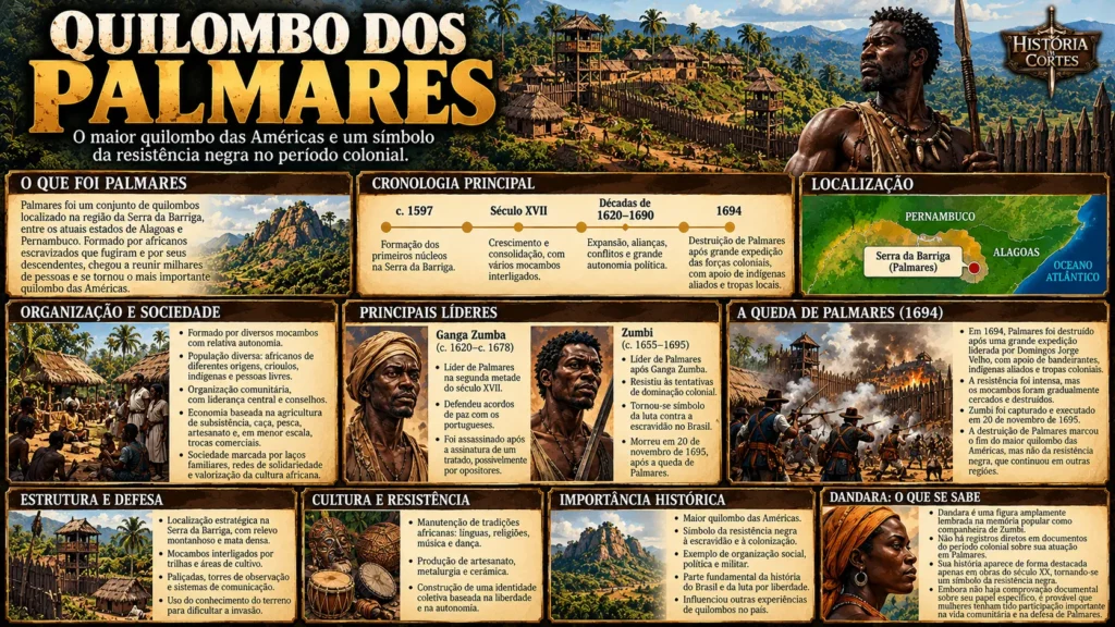 Infográfico sobre o Quilombo dos Palmares, destacando sua organização, localização, líderes, resistência à escravidão e destruição em 1694.