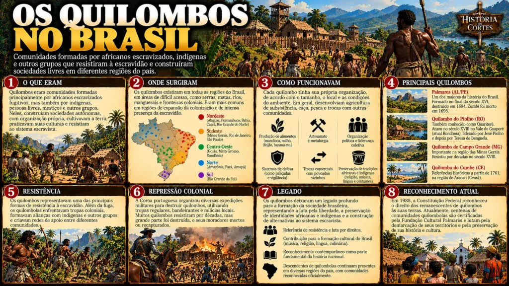 Infográfico sobre os quilombos no Brasil, apresentando sua organização, distribuição territorial, formas de resistência, principais comunidades e legado histórico.