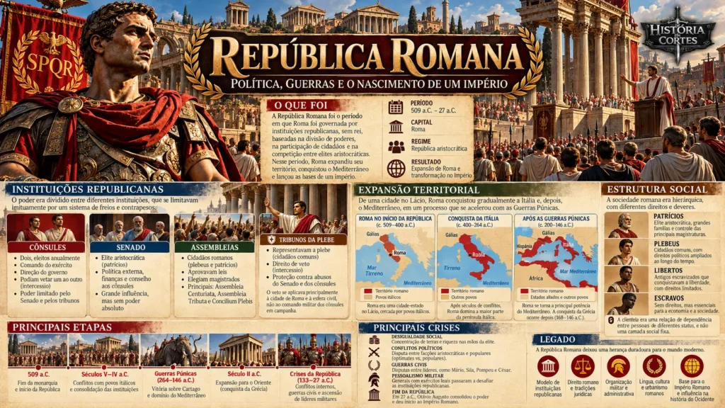 Infográfico sobre a República Romana (509–27 a.C.), mostrando instituições políticas, expansão territorial, classes sociais, Guerras Púnicas e crises que levaram ao Império Romano.
Copiar