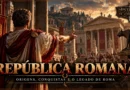 Ilustração da República Romana com um senador discursando diante de cidadãos no Fórum Romano, cercado por templos, estandartes SPQR e a loba capitolina. Copiar
