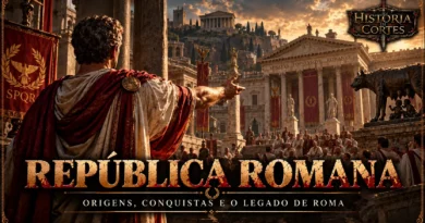 Ilustração da República Romana com um senador discursando diante de cidadãos no Fórum Romano, cercado por templos, estandartes SPQR e a loba capitolina. Copiar