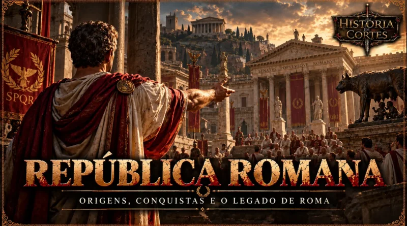 Ilustração da República Romana com um senador discursando diante de cidadãos no Fórum Romano, cercado por templos, estandartes SPQR e a loba capitolina. Copiar