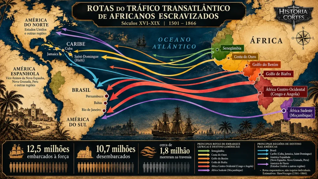 Mapa histórico das rotas do tráfico transatlântico de africanos escravizados entre 1501 e 1866, mostrando as regiões de origem na África e os destinos nas Américas.
Copiar
