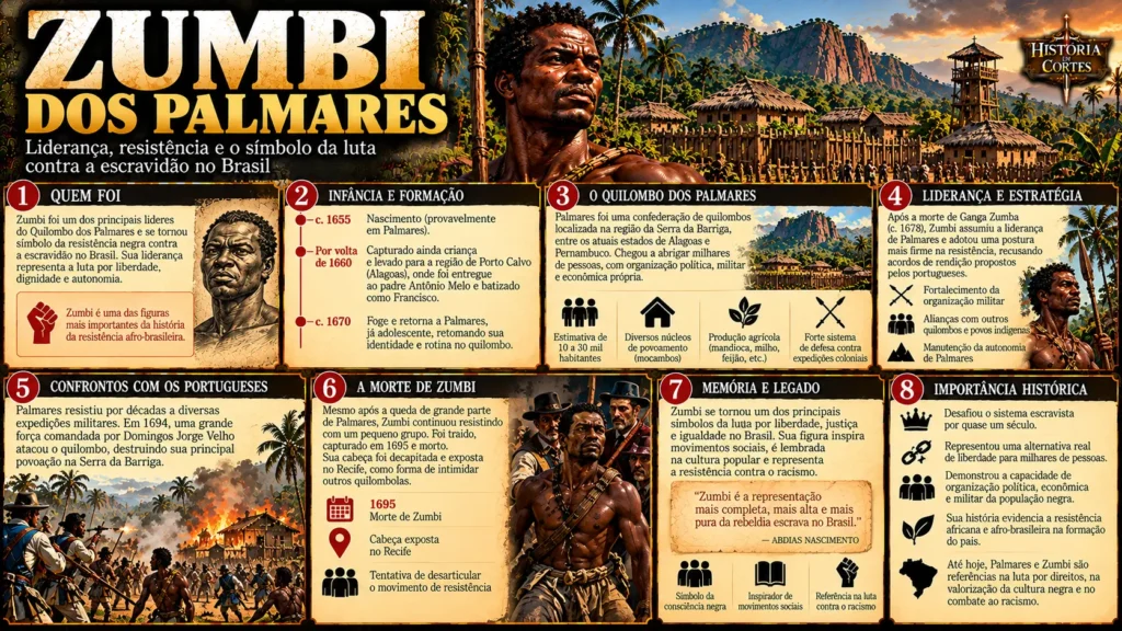 Infográfico sobre Zumbi dos Palmares, com ilustrações de sua liderança, organização do quilombo, resistência à escravidão, morte em 1695 e legado histórico.