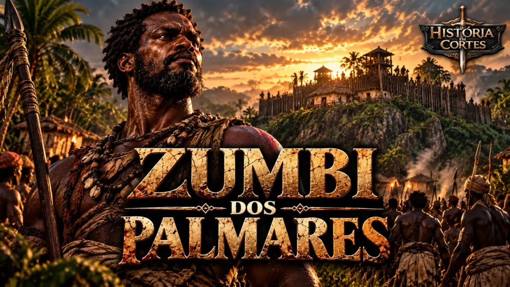 Ilustração histórica de Zumbi dos Palmares, líder da resistência à escravidão no Brasil colonial, diante de uma representação do Quilombo dos Palmares no século XVII.