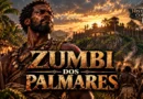Ilustração histórica de Zumbi dos Palmares, líder da resistência à escravidão no Brasil colonial, diante de uma representação do Quilombo dos Palmares no século XVII.