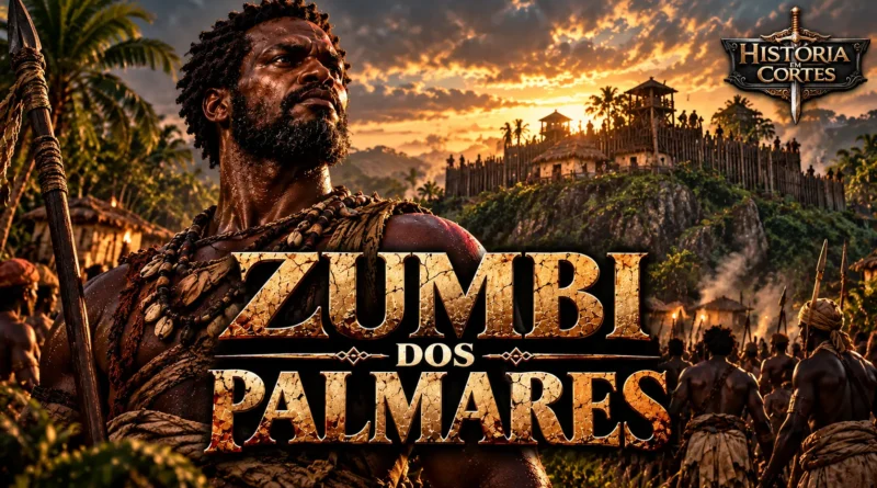 Ilustração histórica de Zumbi dos Palmares, líder da resistência à escravidão no Brasil colonial, diante de uma representação do Quilombo dos Palmares no século XVII.
